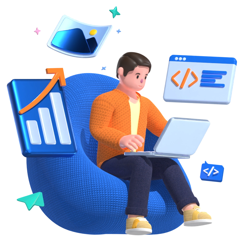 a 3d image character doing coding stuff